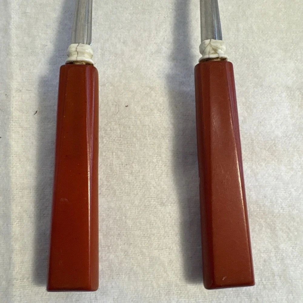 2 VTG Mid Century Table Spoon SR STANLEY ROBERT Stainless Japan Red Bakelite